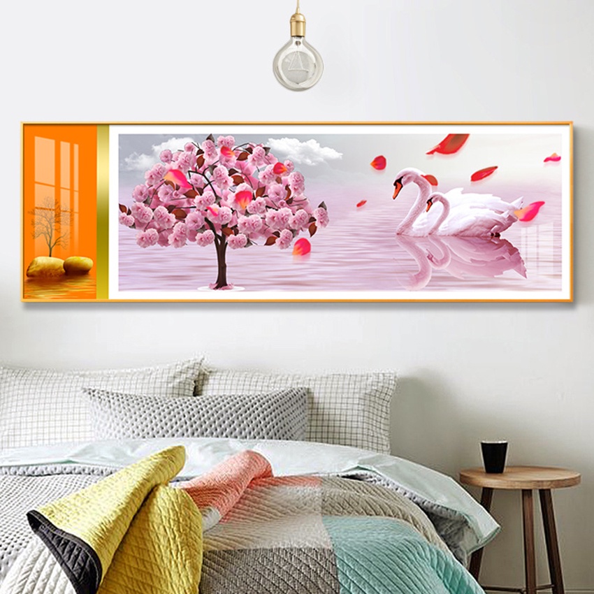 Tranh Treo Tường Dài 1 Bức Cặp Đôi Thiên Nga Phối Cảnh Thiên Nhiên Sông Nước Decor Phòng Ngủ/ Phòng Khách.