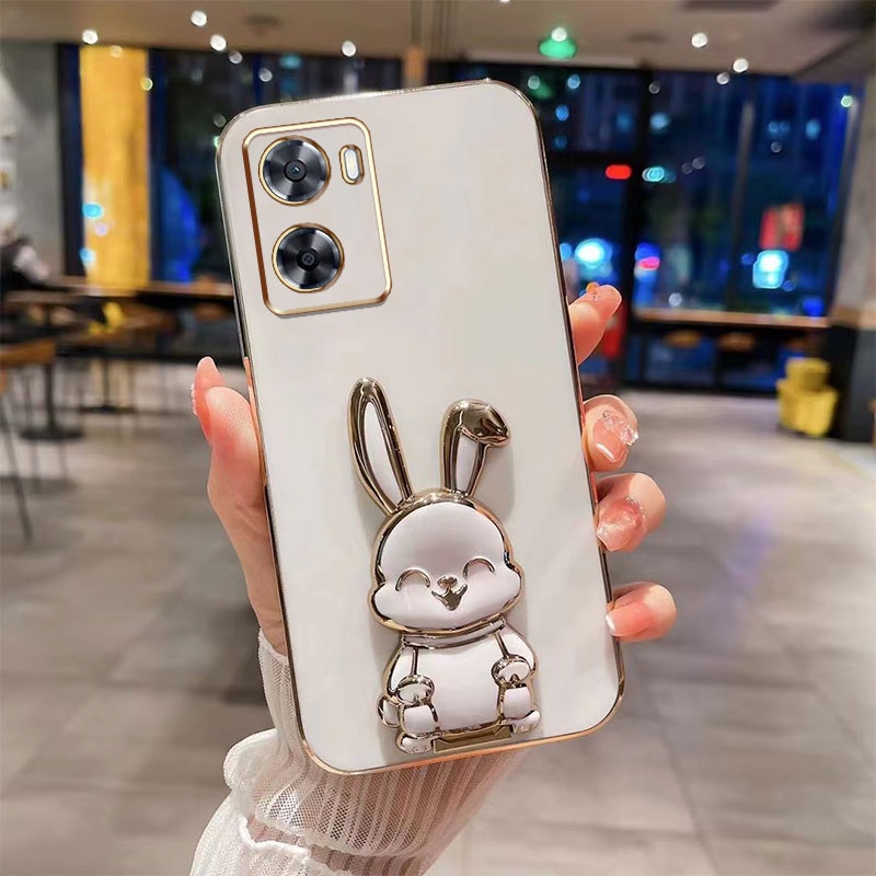 Ốp Điện Thoại Mạ Điện Sang Trọng Có Giá Đỡ Hình Thỏ Cười Cho OPPO A57 A77 4G 2022 A77S A77E A57S 4G OnePlus Nord N20 SE 4G Sự Bảo Vệ