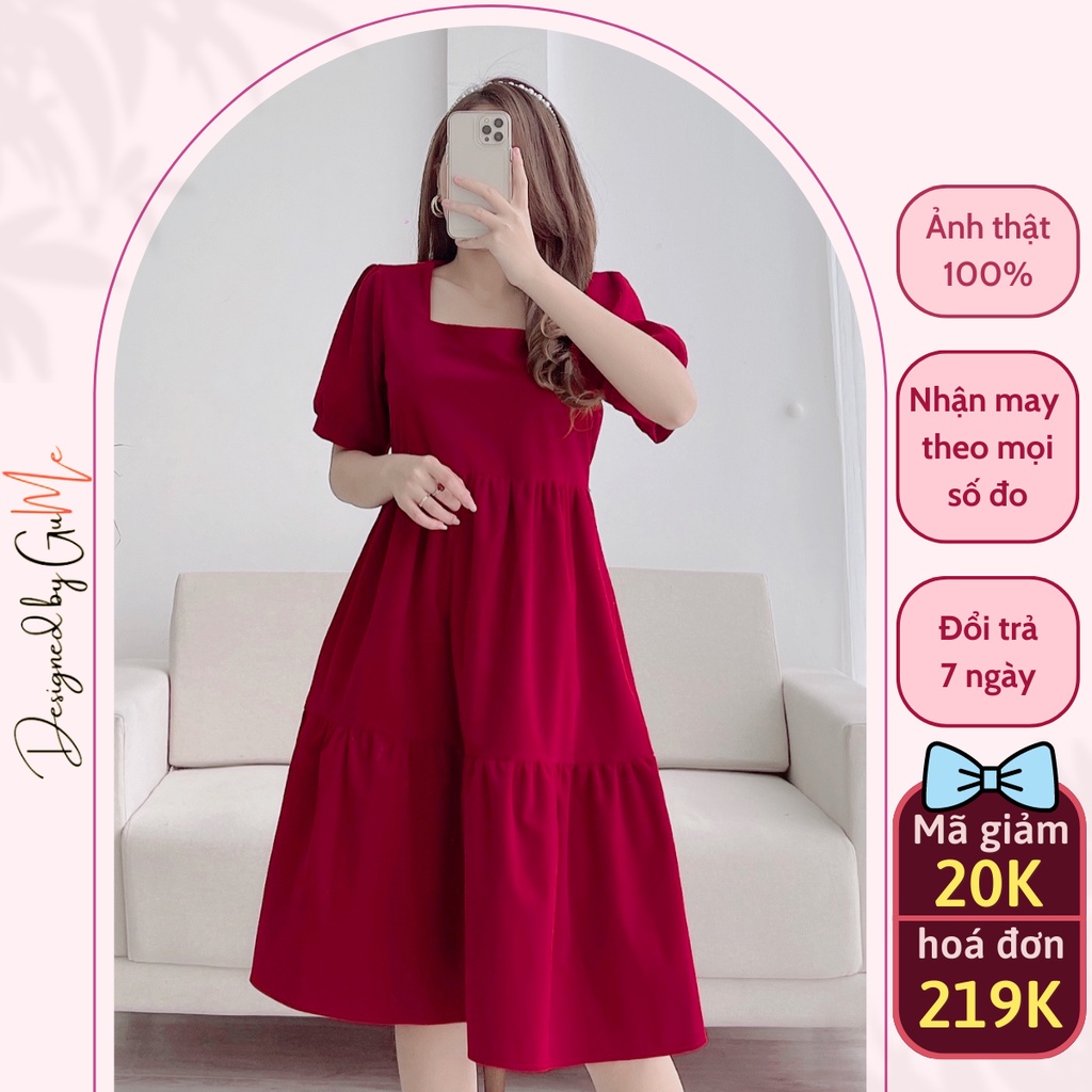 Váy bầu thu đông GuMe Đầm bầu bigsize mặc Giáng Sinh vải nhung cao cấp mặc Tết cổ vuông 3 tầng tay bo chất GM062
