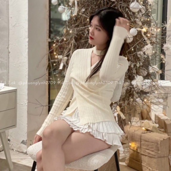 Áo len tay dài , ao kiểu nữ tay dài cổ chữ V , áo len  dệt kim dáng ôm PLA113