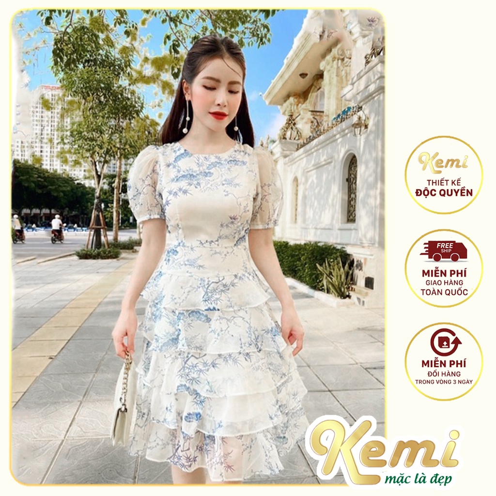 Đầm váy xòe tầng họa tiết thủy mặc sang trọng hottrend Kemi