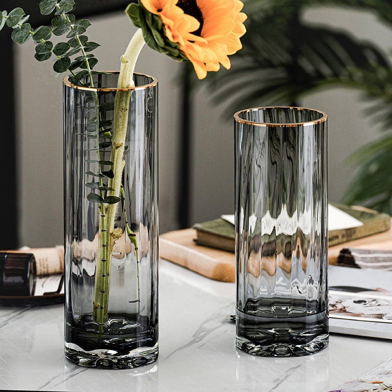 Bình hoa thủy tinh trụ viền vàng decor phòng ngủ và trang trí phòng khách cao cấp