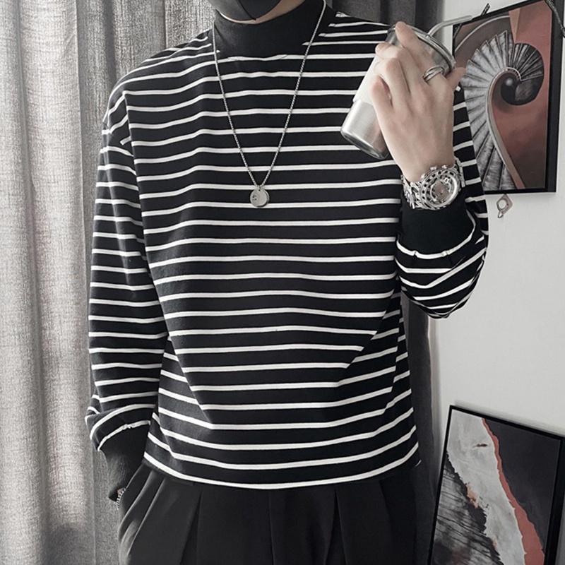 INCERUN Áo Thun Nam Dài Tay Cổ Cao Sọc Ngang Thời Trang