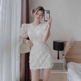 Đầm váy body tay phồng lưới họa tiết hoa nổi, thoắt nơ sau siêu xinh dành cho các nàng yêu đi chơi, dự tiệc