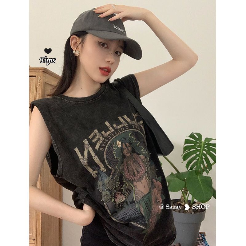 Áo Thun Đen Sát Nách Dáng Rộng Phong Cách vintage Mỹ Cá Tính Cho Nữ