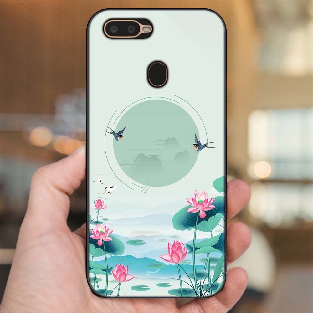 Ốp lưng Oppo A5S, A7, A12, F9 viền đen in hình Hoa Sen Hoa Đẹp