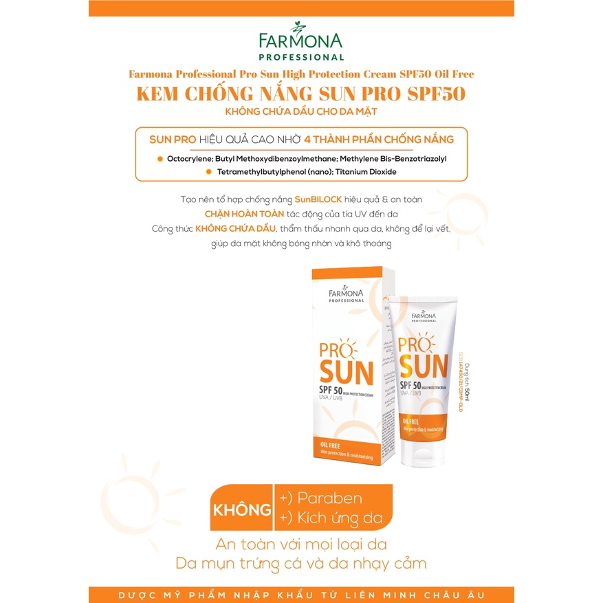 Kem chống nắng trắng da, dưỡng ẩm cho da mụn, kiềm dầu Farmona Professional Pro Sun High Protection Cream SPF50 50ml