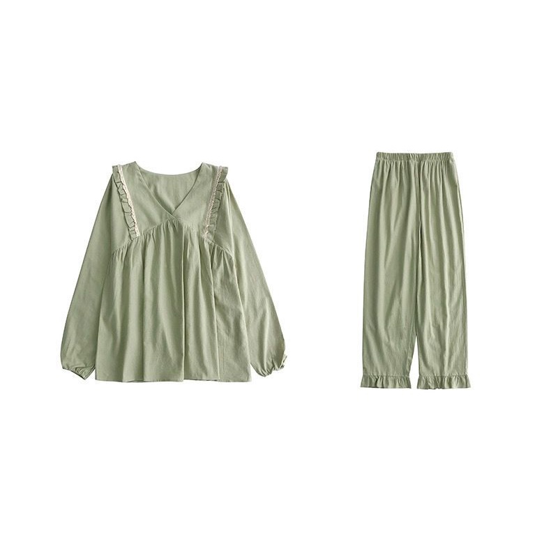 Bộ Đồ Ngủ Tay Dài Phối Ren Màu Trơn Phong Cách Nhật Bản Thời Trang Mùa Thu Hàng Mới 2023