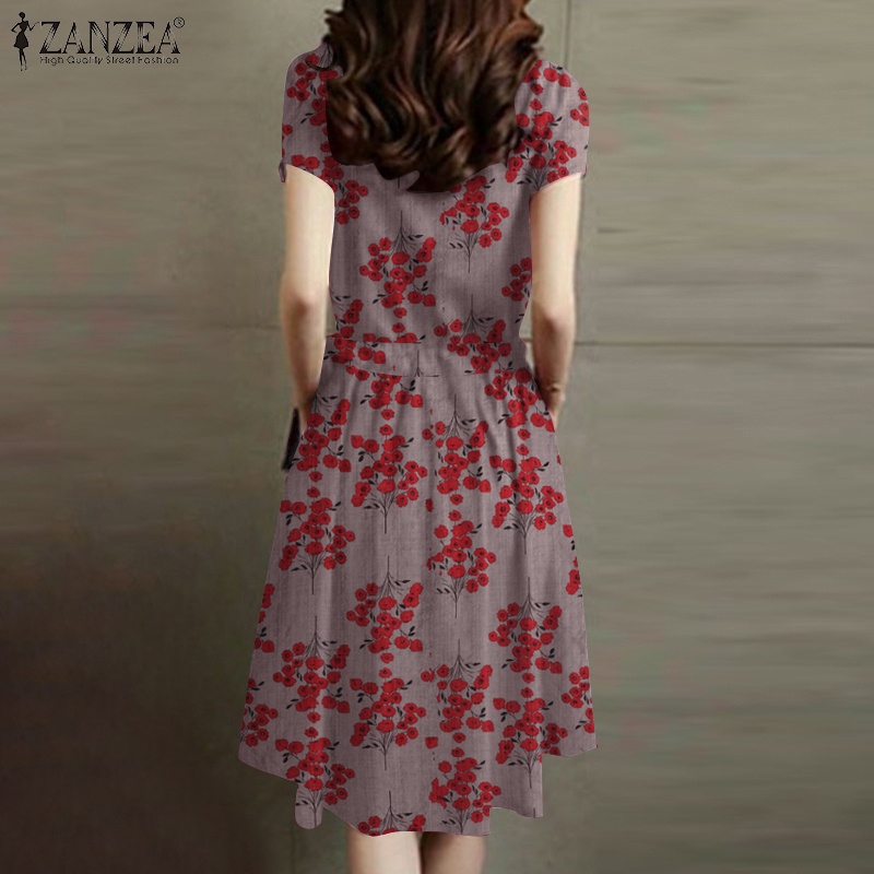 Đầm ZANZEA dây rút ngắn tay in họa tiết caro phong cách Hàn Quốc cho nữ