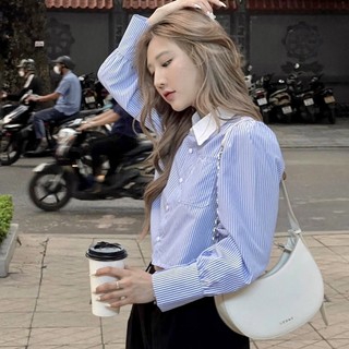 Áo Sơ Mi Kẻ Xanh Pha Cổ Trắng Chất Mềm Mát [Ảnh Thật]