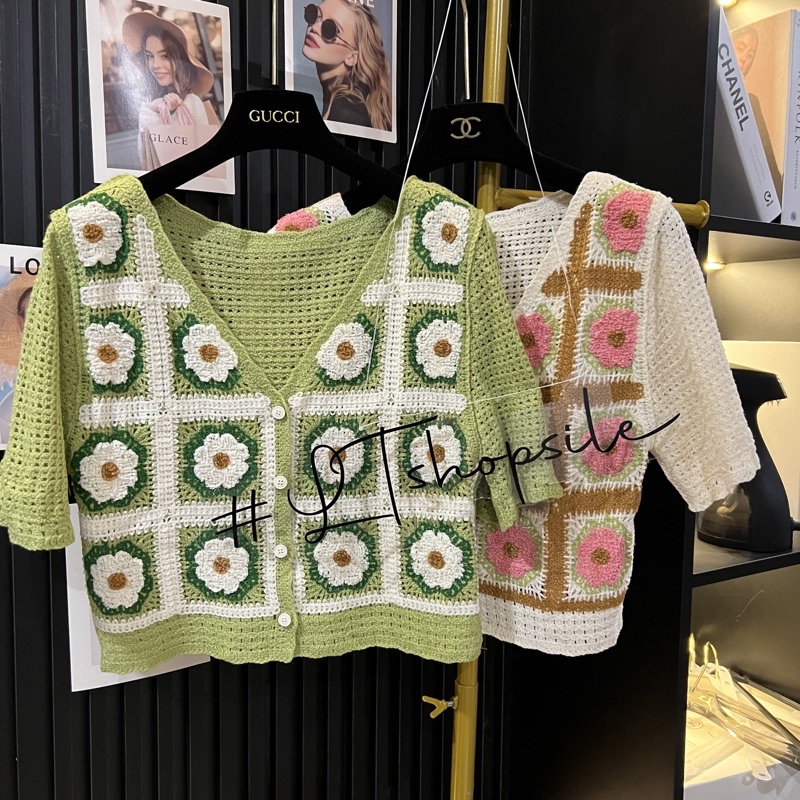 Áo len ren đan móc hoa thêu cài khuy dáng cadigan siêu xinh