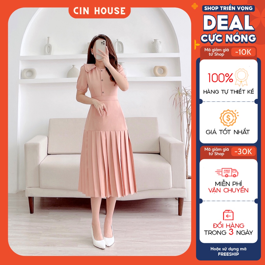 Đầm công sở cổ bèo nút gỗ dập ly cánh quạt Sterling C862 CIN HOUSE