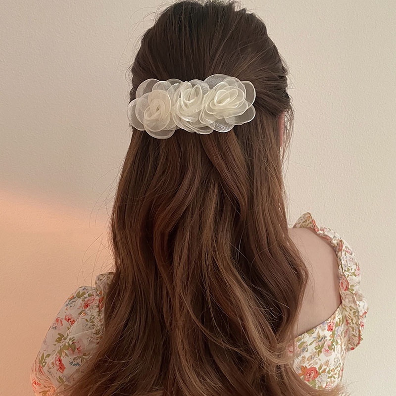 Kẹp Tóc Hình Hoa Trà Lưới Màu Trắng Phong Cách Hàn Quốc Cho Nữ