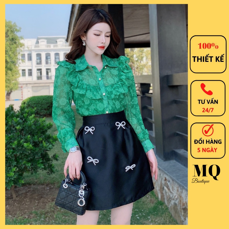 Áo sơ mi nữ thiết kế kiểu voan tơ tay dài bồng đính bèo ngực cao cấp sang trọng , áo sơ mi họa tiết thiết kế MQ Boutique