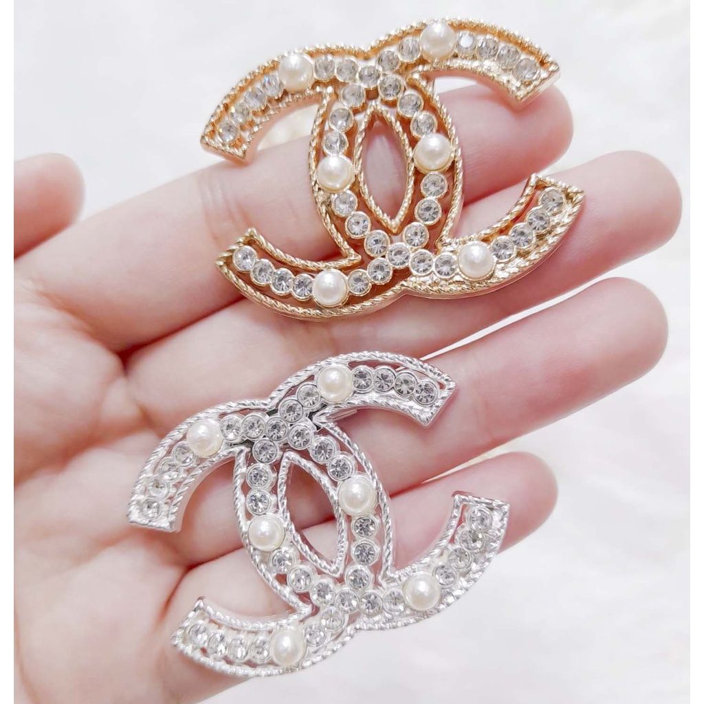 Cài áo cha n el đính đá hạt cườm trai màu bạc vàng sang trọng phụ kiện vest khoác dạ thời trang