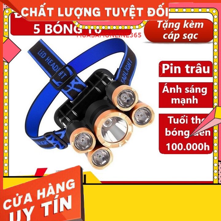 Đèn pin siêu sáng bin led đội đầu 5 bóng sạc điện dùng pin chiếu xa loại tốt nhacuadoisong tienich