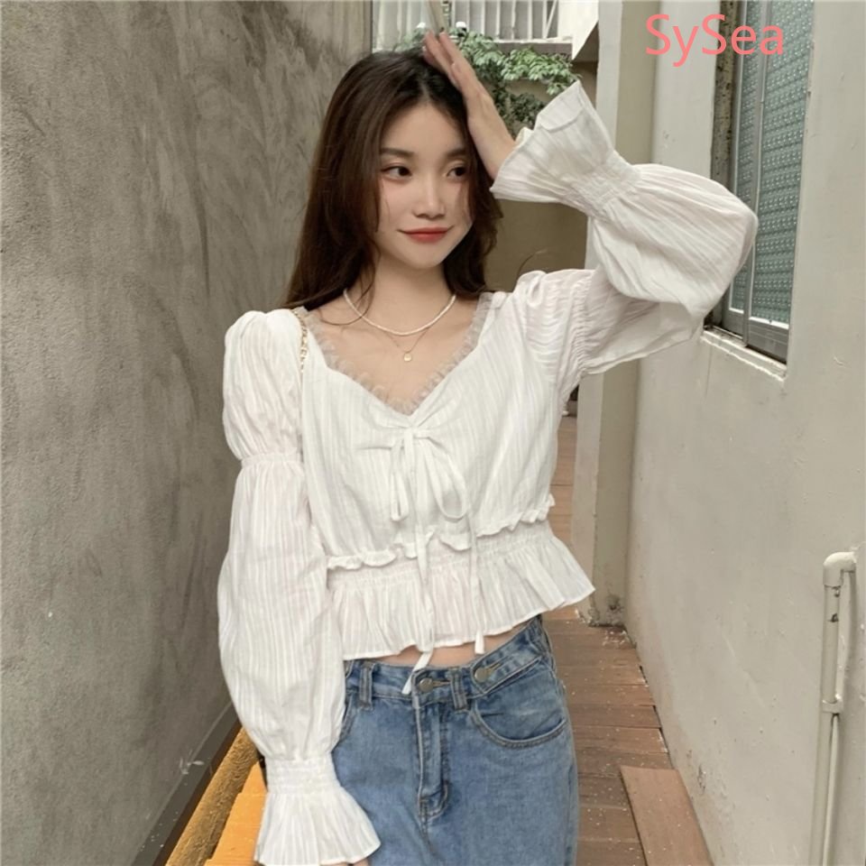 Áo Kiểu Vải Voan Tay Dài Xếp Ly Phối Ren Thời Trang Xuân Thanh Lịch Cho Nữ