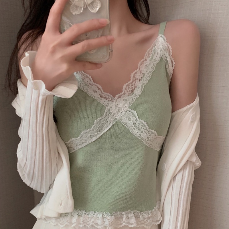 Áo Hai Dây Dệt Kim Cổ Chữ v Phối Ren Màu Tương Phản Dễ Thương