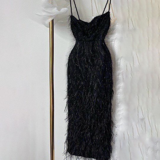 Váy nữ chất vải lông vũ kết cườm,đầm 2 dây thiết kế ôm dáng body tiểu thư dự tiệc dạo phố,đi biển sang chảnh thời trang