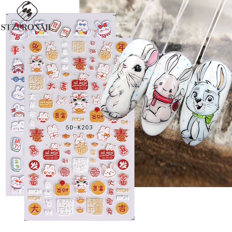 Miếng dán trang trí móng tay nghệ thuật STZPRONAIL thiết kế thỏ con hoạt hình 5D đáng yêu