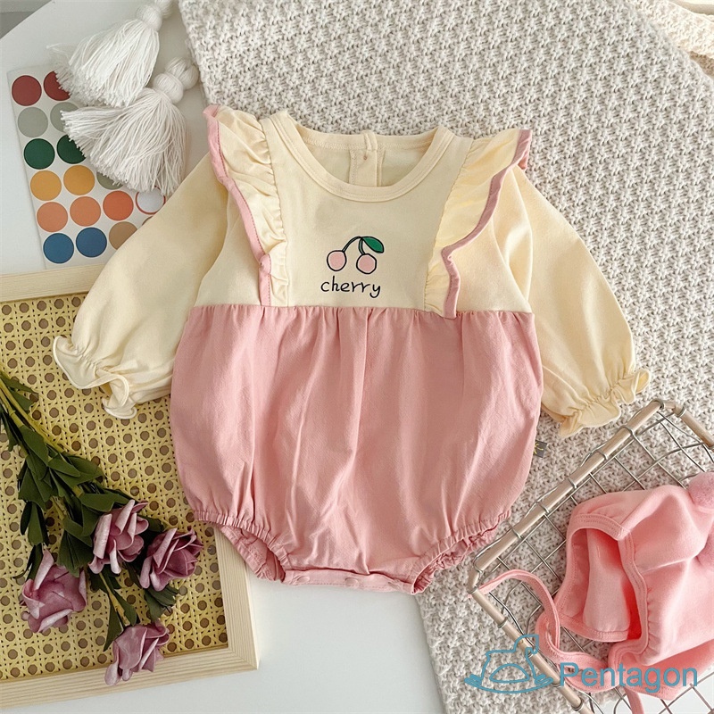Bộ Áo Liền Quần Tay Dài Cổ Tròn In Họa Tiết Cherry Dễ Thương Thời Trang Cho Trẻ Sơ Sinh