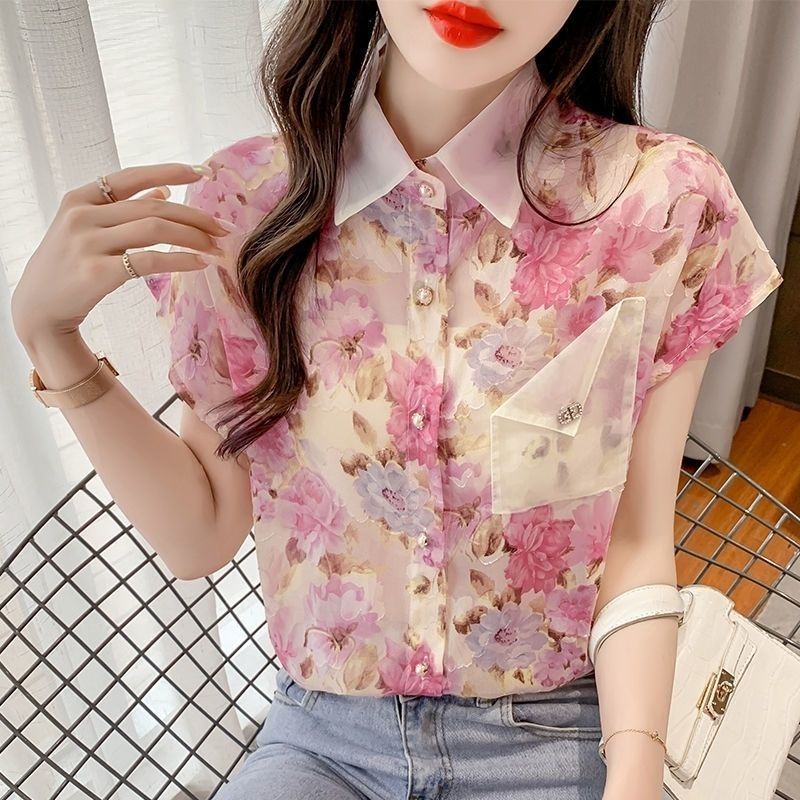 Áo Sơ Mi Chiffon Tay Ngắn In Hoa Mẫu Mới 2023 Phong Cách Phương Tây Cho Nữ