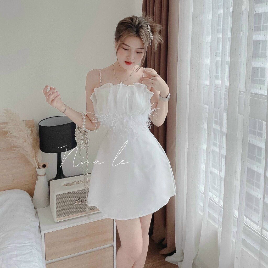 Đầm ống trên phối kiểu đính lông dáng chữ A cực hot , chất tafta mềm mát