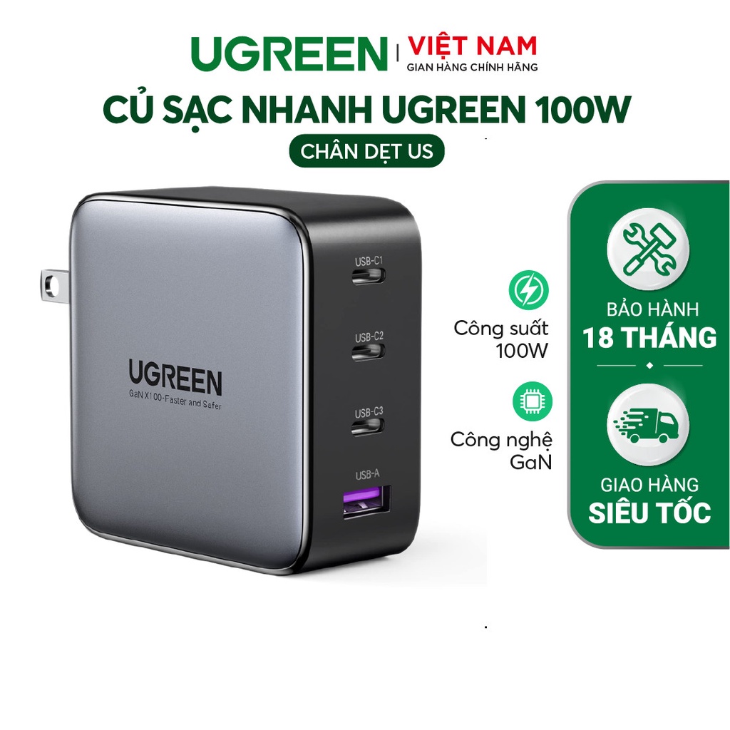 Củ sạc máy tính/ điện thoại, sạc nhanh 100W UGREEN 40737 Adapter| GaN| Chuẩn sạc nhanh PD, QC 3.0 - BH 18 tháng 1 đổi 1