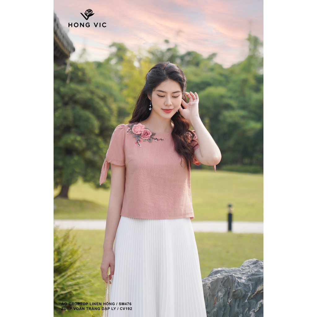 Áo croptop nữ thiết kế Hong Vic linen hồng SM476