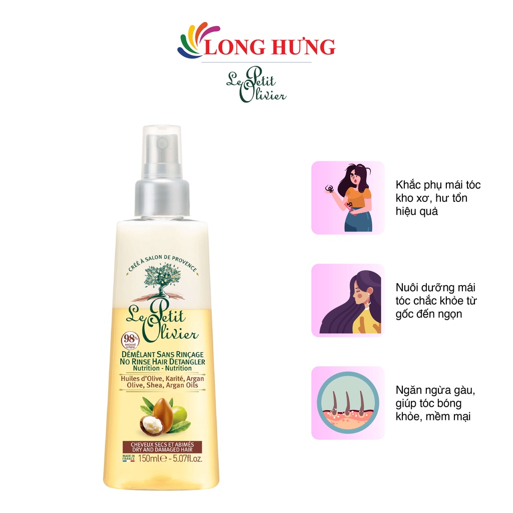 Xịt dưỡng tóc Le Petit Olivier chiết xuất dầu Olive, bơ hạt mỡ, dầu Argan giúp tóc chắc khỏe và mềm mượt (150ml)