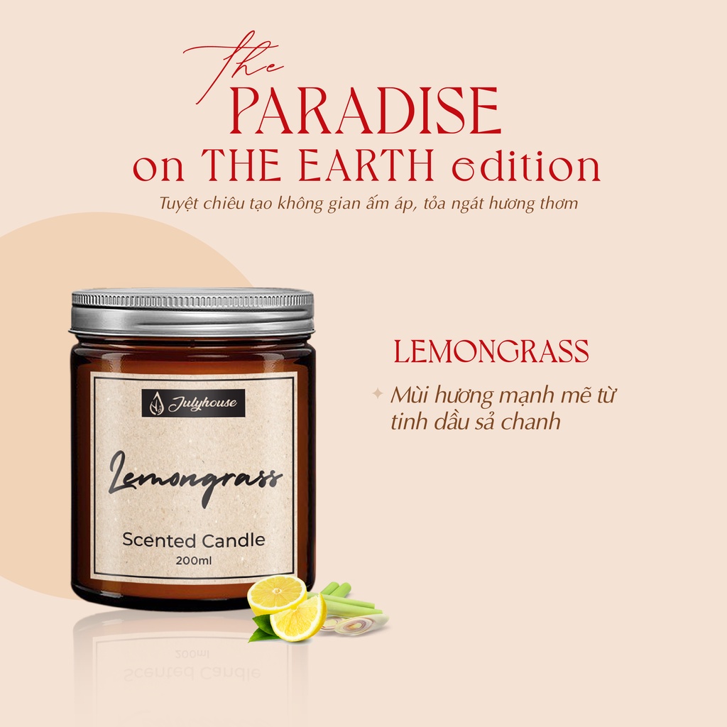 Nến thơm tinh dầu Lemongrass JULYHOUSE 100ml/200ml an toàn không khói, hương thơm thư giãn dễ chịu