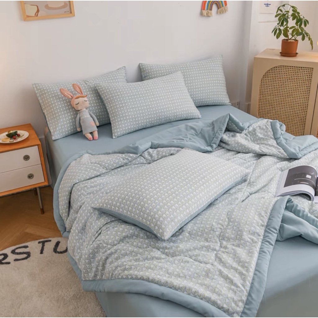 Bộ Chăn Ga Gối Cotton Đũi Mịn - Cotton Đũi Chăn Chần Phối Kẻ Siêu Xinh Hàng Nhập Khẩu Full Set 4 Món