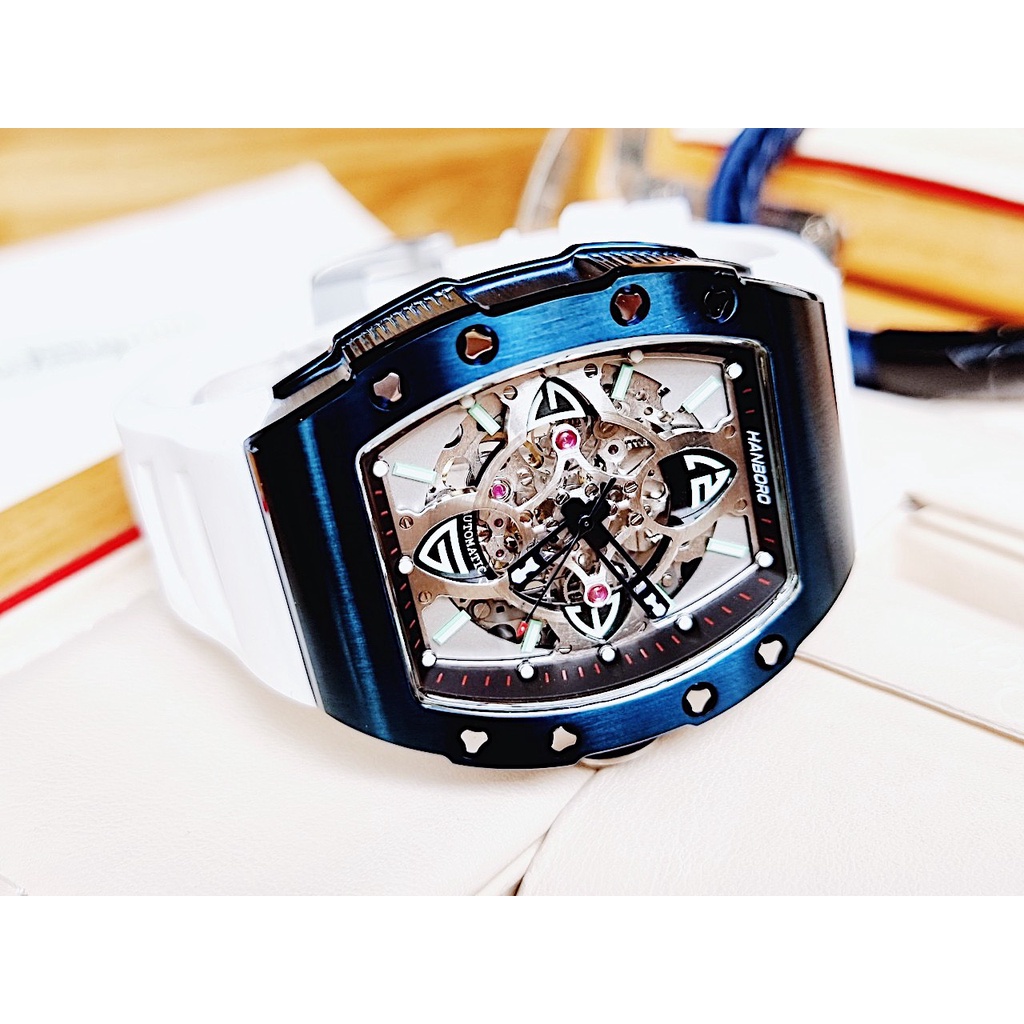 Đồng Hồ Nam Hanboro Máy Automatic , Dây Silicon Màu Trắng, Size 40 x 48mm fullbox
