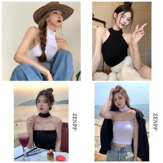 Áo kiểu thun croptop ống cổ lọ phối mặc hai kiểu trước sau siêu cá tính cho nữ