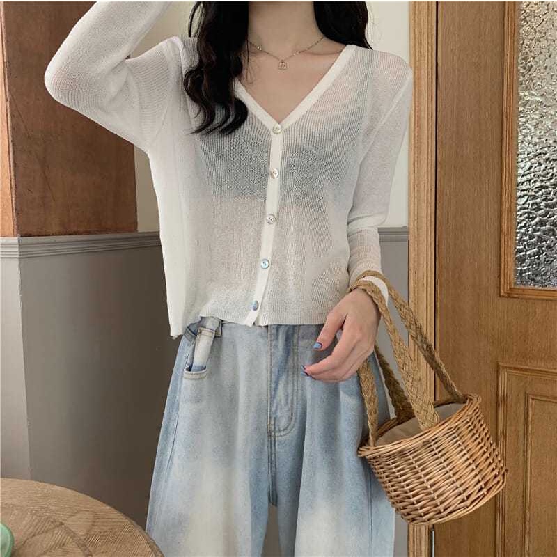 áo kiểu khoác cardigan dệt kim tay dài sơ mi croptop len cổ chữ v chất liệu lụa chống nắng thời trang cho nữ