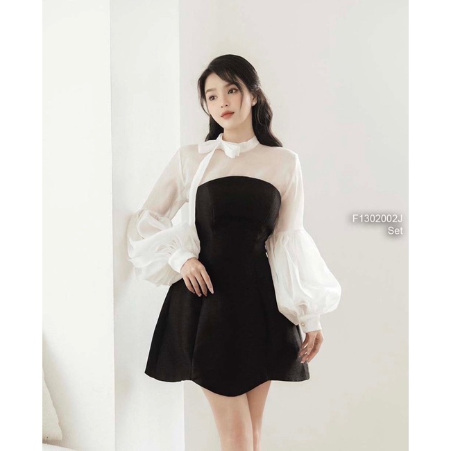 Set áo voan lụa trắng nơ cổ tay dài bồng phối đầm xòe tăcta đen lượn gấu cúp ngực cột nơ lưng!