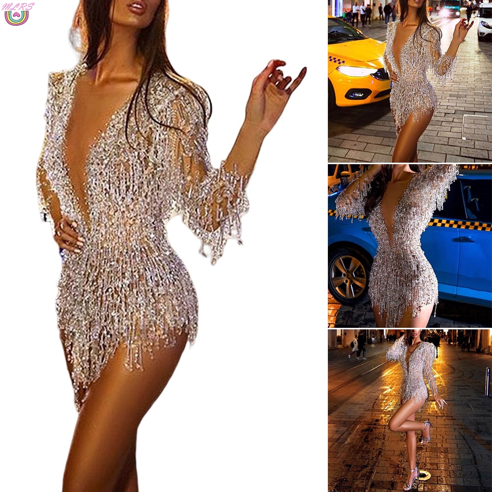 Mùa Hè Dễ Thương Gợi Cảm Sáng Bóng Tua Rua Dự Tiệc Buổi Tối Đầm Váy Váy