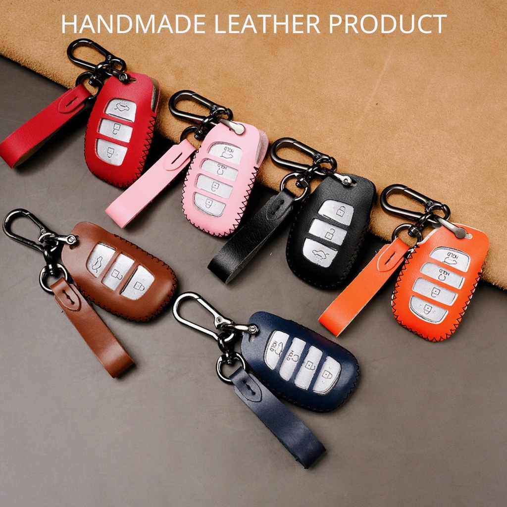 Bao da bọc chìa khóa ô tô Hyundai Tucson I10 I120 Elantra Creta 2022  khâu tay hở nút bấm móc đen HB