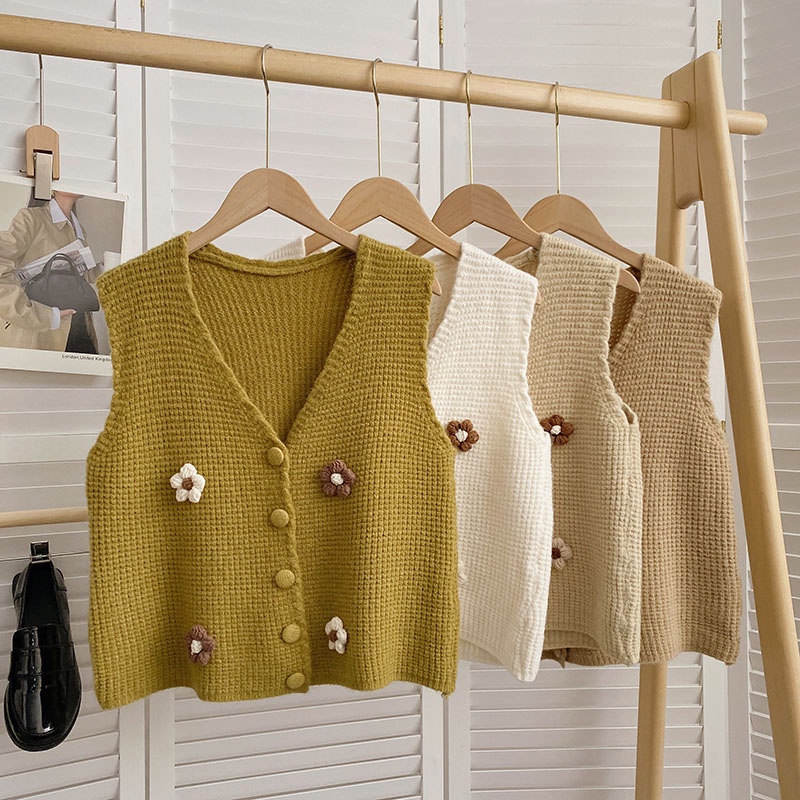 Áo Sweater Dệt Kim Không Tay Dáng Rộng Cổ Chữ V Phong Cách Hàn Quốc Dành Cho Nữ