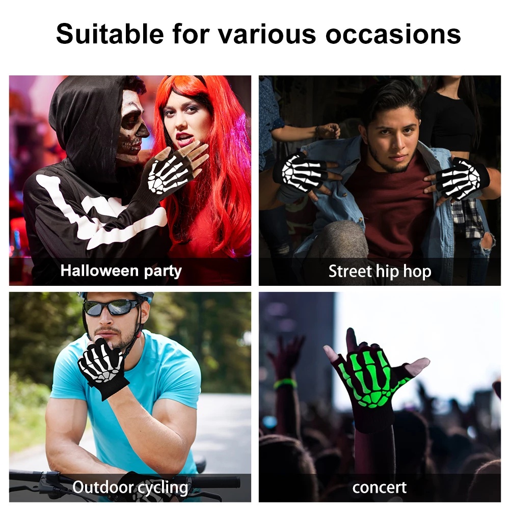 [Bán Chạy] Găng Tay Dệt Kim Hở Ngón Giữ Ấm / Đạo Cụ Hóa Trang Ngày Halloween Hình Đầu Lâu Dạ Quang Cho Nam Và Nữ
