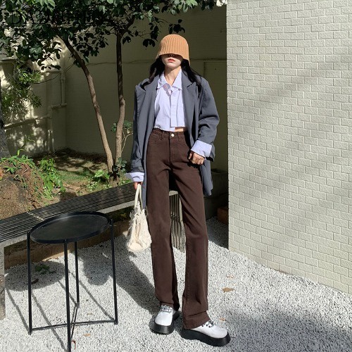 Quần jeans ống rộng eo cao thời trang đường phố sành điệu với 6 màu tùy chọn dành cho nữ