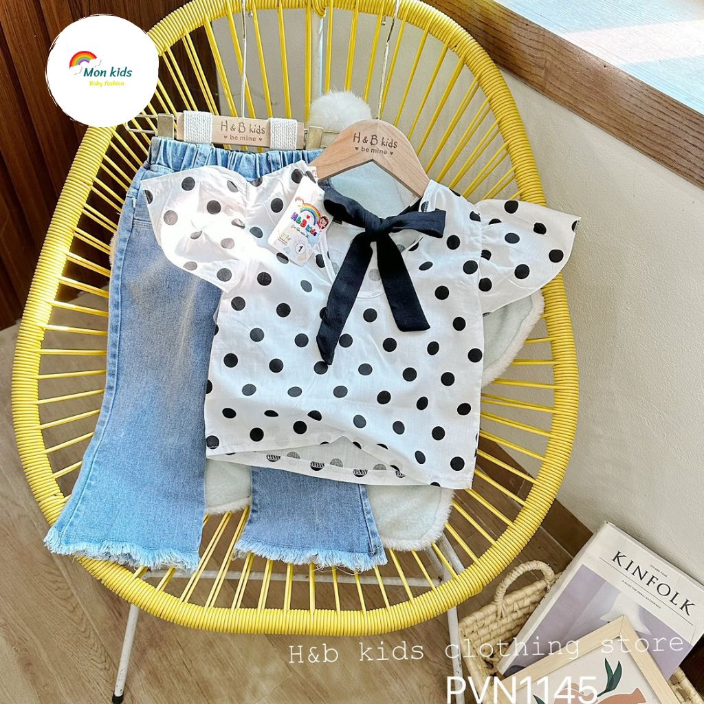 Set quần jean cho bé gái, set đồ cho bé gai, bộ quần bò bé gái, áo bé gái thắt nơ Hàn Quốc