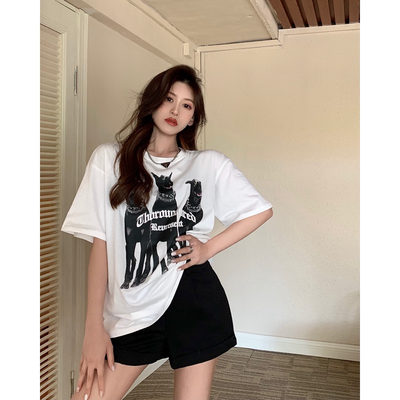 Áo Thun Nữ Ngắn Tay Cổ Tròn In Hình Mèo Mới