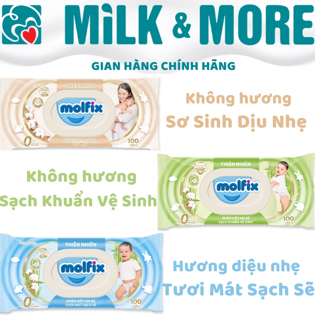 Khăn ướt em bé Molfix không mùi sạch khuẩn gói 100 miếng