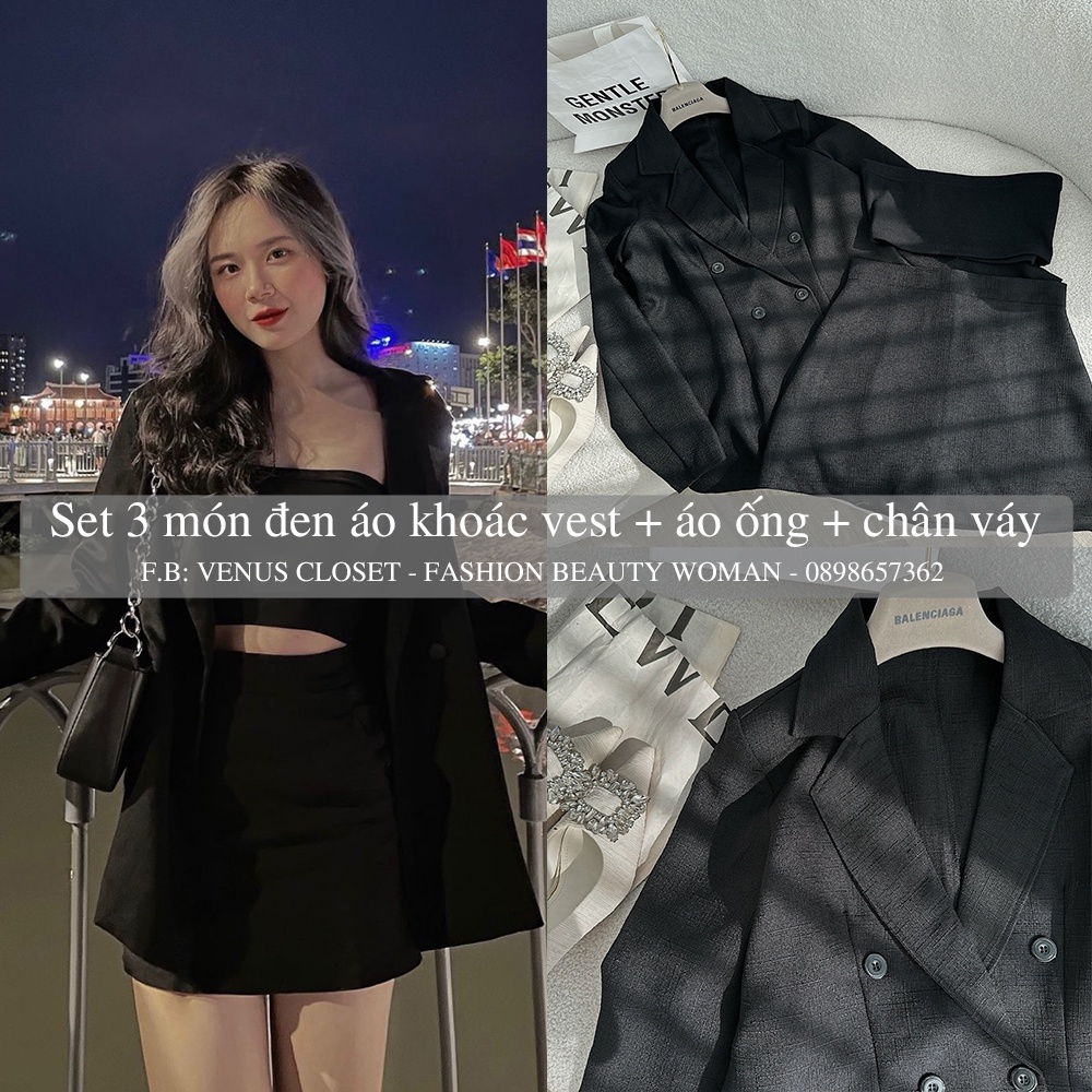 Set 3 món đen áo khoác vest kèm áo croptop ống phối chân váy Venus Closet - SR0225
