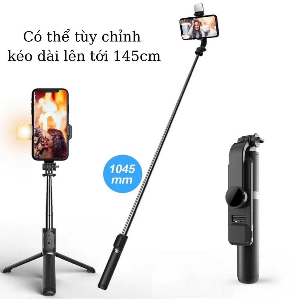 Gậy selfie có bluetooth 3 chân đa năng chụp hình có đèn led trợ sáng dễ dàng gấp gọn cao 1m và hạ thấp 19cm