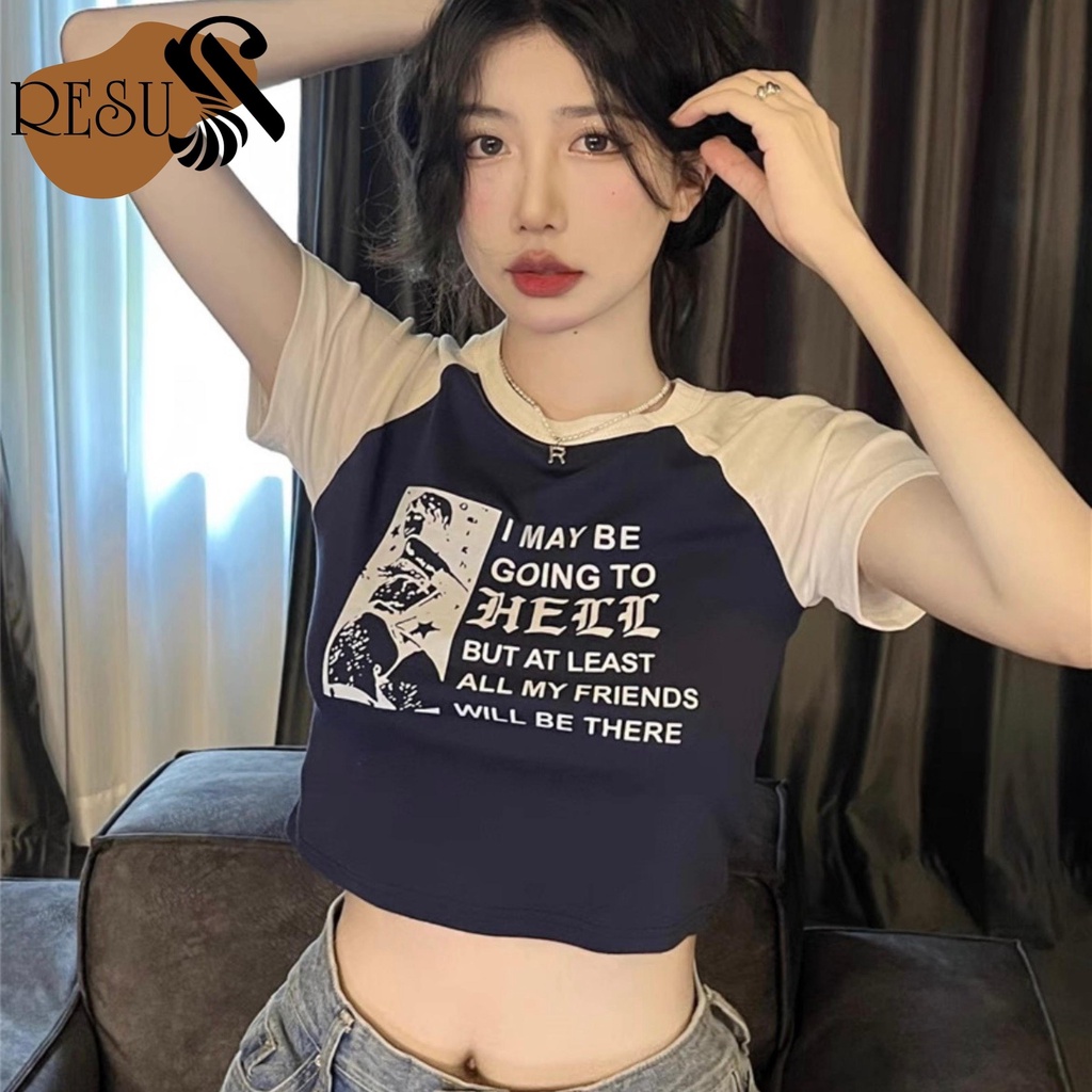 Áo Croptop Phối Tay Ôm Body Nữ iN Chữ HELL Cổ Tròn Tay Ngắn, Áo Thun Croptop Kiểu Sexy In Họa Tiết | BigBuy360 - bigbuy360.vn