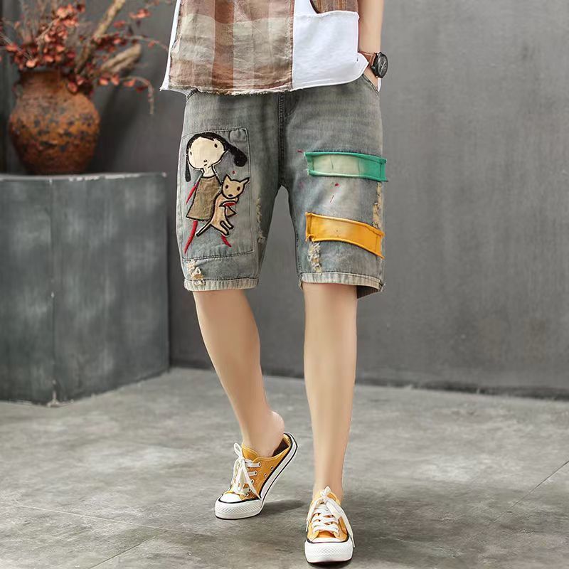 Quần Short denim Rách Thêu Họa Tiết Cổ Điển Thời Trang Xuân Hè Dành Cho Nữ