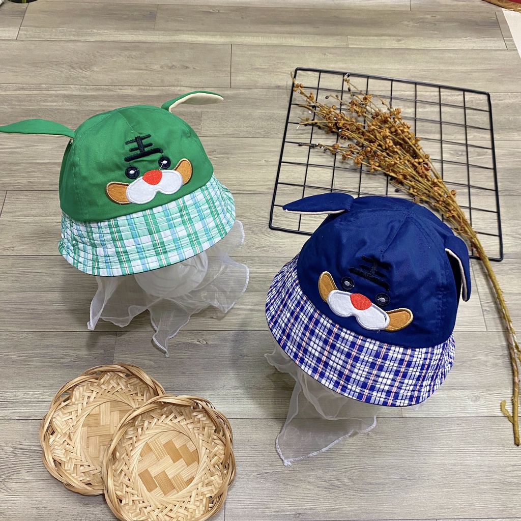 Nón tai bèo thêu hình cún có voan che bụi cho bé siêu cưng - NN31