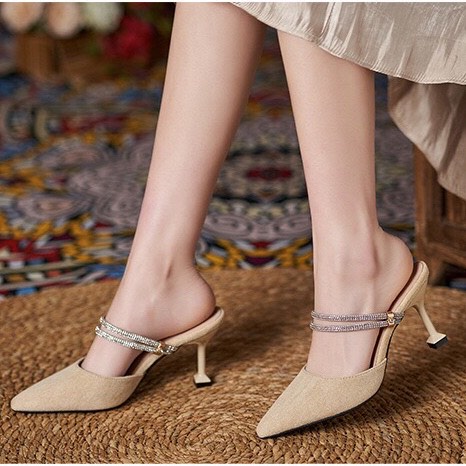 Giày cao gót nhọn 7p bít mũi nhung phối xoàn 2 kiểu mang - BM26